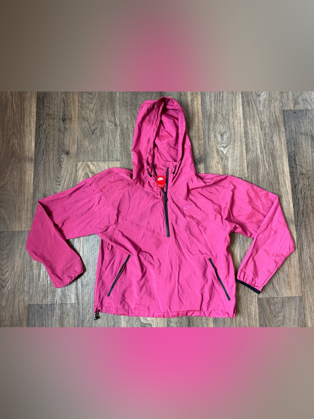 Nike Women's Pink Hooded Windbreaker 1/2 Zip Pullover Jacket Pockets Size L